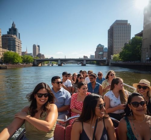 a group of people on a boat in the water