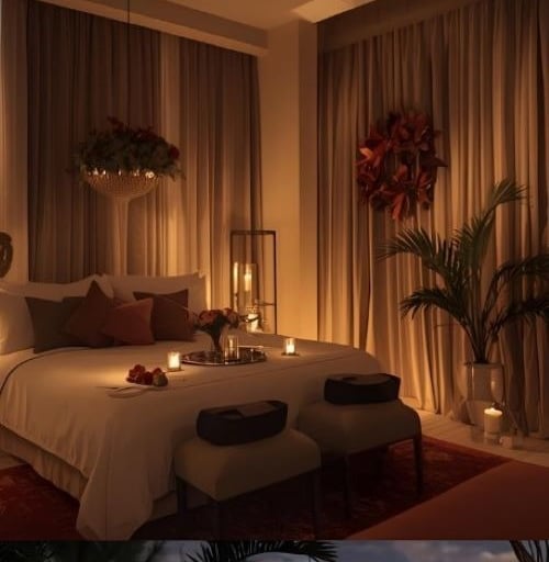 Romantic bedroom interior with warm candle lighting, plush bedding, and elegant floor-to-ceiling curtains.