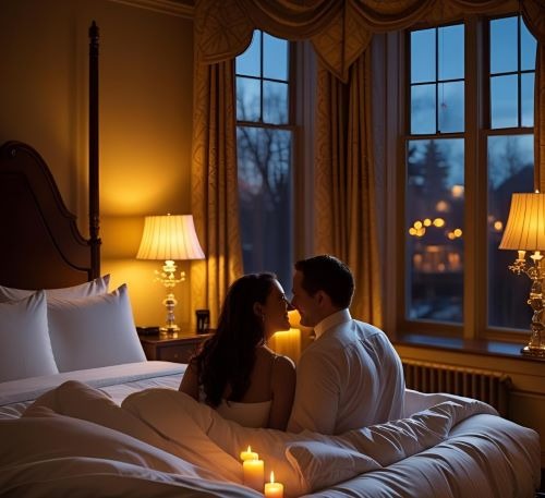 romantic couple in a bedroom at a hotel
