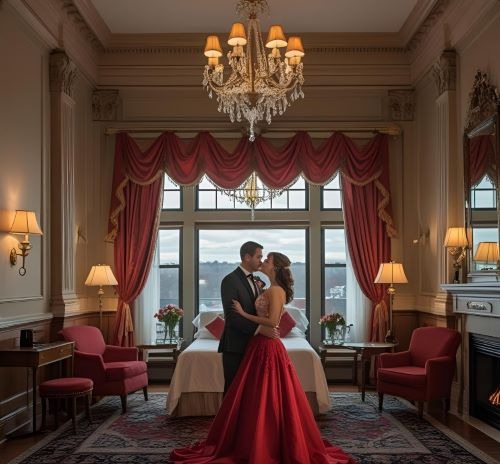 a bride and groom standing in a hotel room