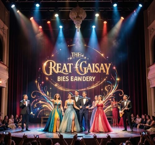 Musical theater performers in formal attire on a stage during a Great Gatsby themed production.