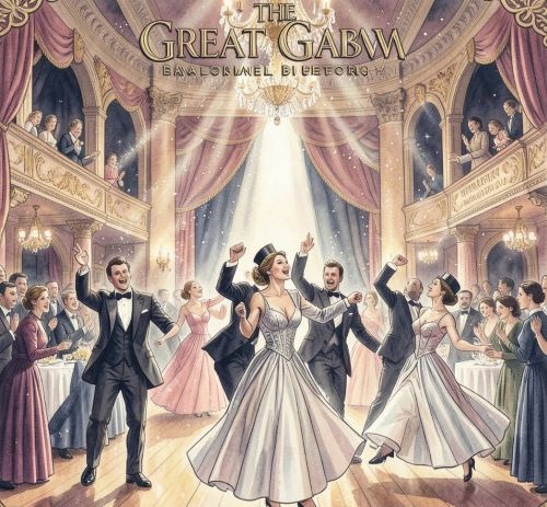 Elegant 1920s style ballroom illustration of guests in formal attire dancing at a Great Gatsby themed party.
