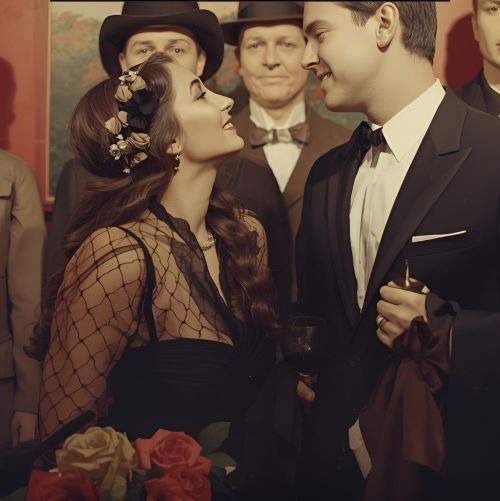 a man and woman in formal attire standing in front of a group of men