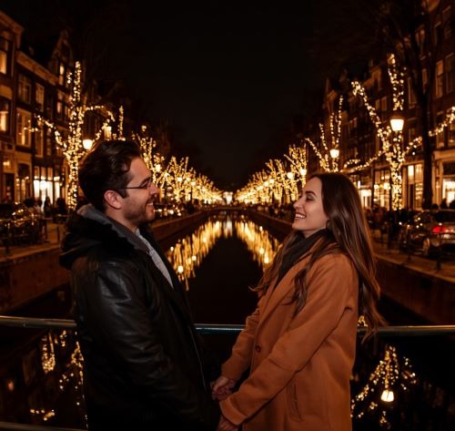 A smiling couple holding hands on an Amsterdam bridge at night with festive lights reflecting in the canal.
