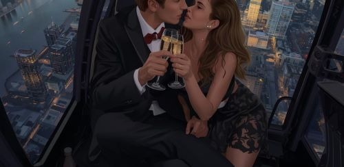 a man and woman kissing in a helicopter with champagne