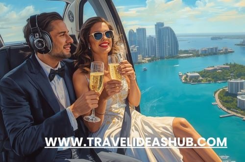 a man and woman are enjoying champagne in a helicopter