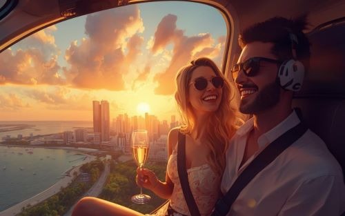 a man and woman in a helicopter