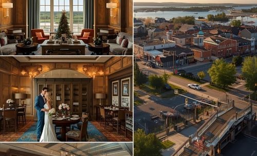couple in a romantic room in a hotel and a photo of traverse city