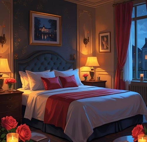a  hotel bed room with a bed and candles