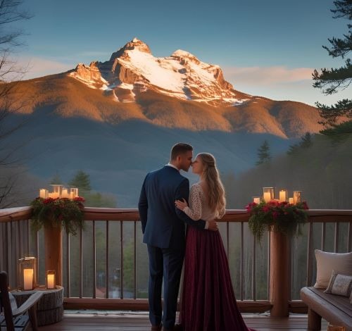 a couple standing on a deck deck with candles and candles