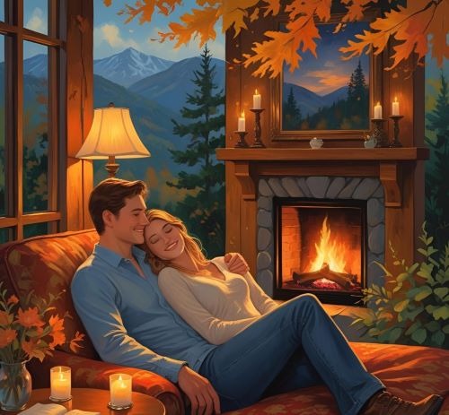 a man and woman sitting on a couch in front of a fireplace