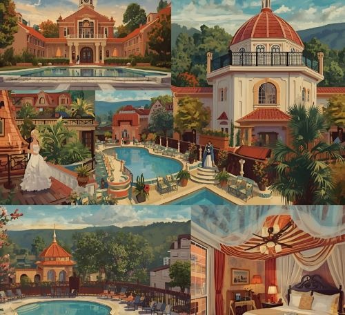 a painting of a hotel room with a pool and a pool