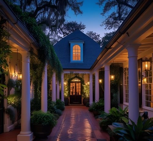 a house with a large courtyard and a walkway