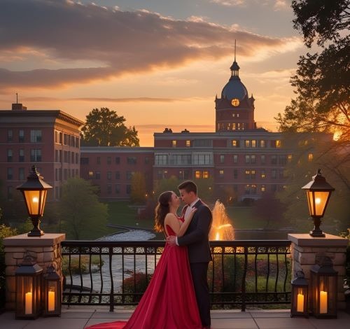 a couple standing in front of a building with a fountain
