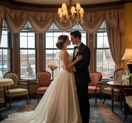 a bride and groom standing in a room with a chandelier