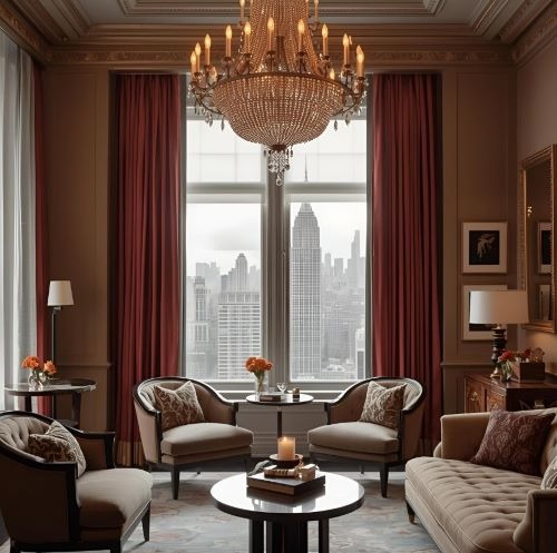 a living hotel room with a chandelier