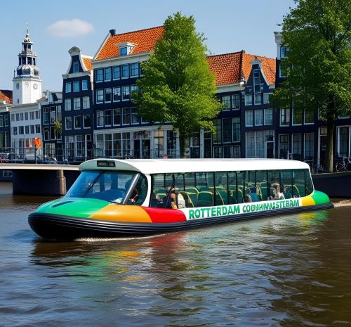 a tour bus with a colorful bus on the water