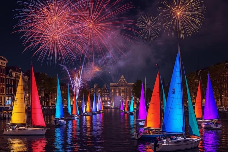 Vibrant fireworks explode over a canal with illuminated sailboats in Amsterdam during a night festival.