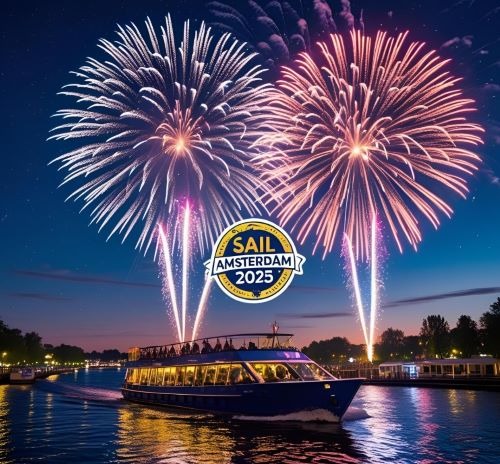 a boat with fireworks in the background