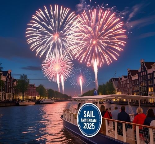 a boat with people watching fireworks in the water