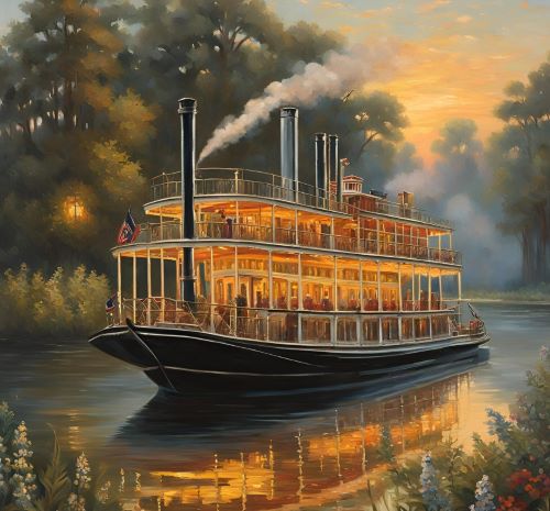 a painting of a steamboat boat on a river