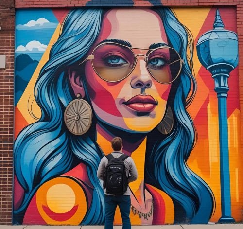 People photgragphed in front of street art
