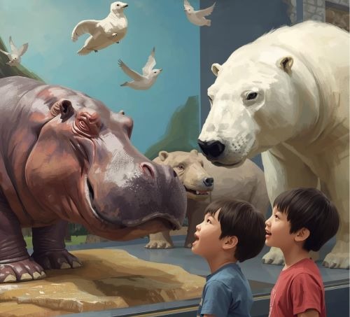 Two excited children viewing realistic museum exhibits of a hippopotamus and polar bear.