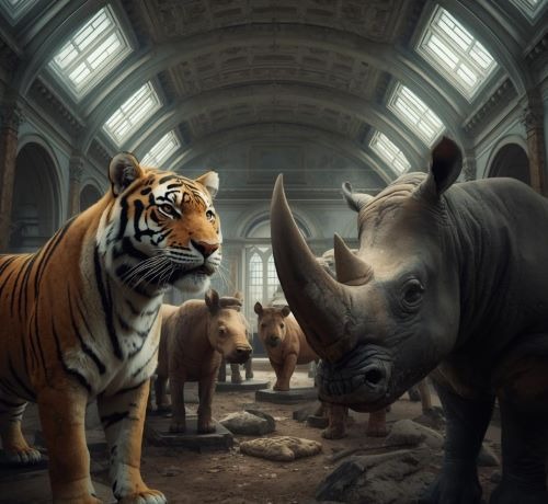 Realistic tiger and rhinoceros standing in a grand architectural museum hall with skylights.