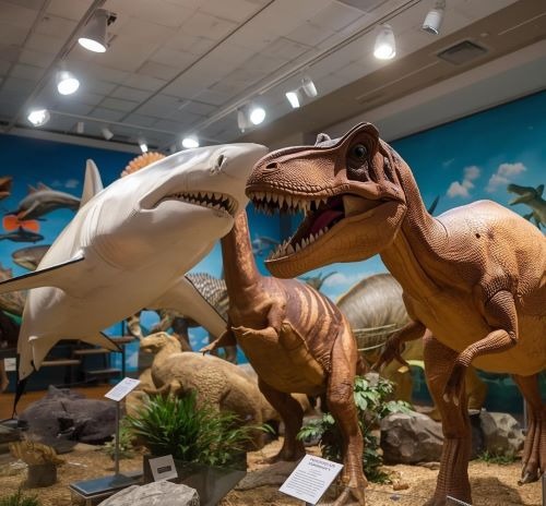 a stuffed dinosaur with a shark in a museum