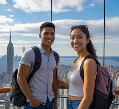 young people looking from an observation deck over new york city