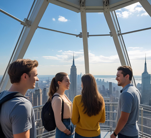 young people looking from an observation deck over new york city