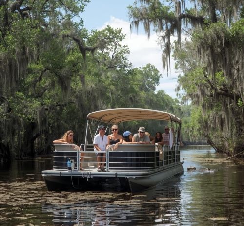 a group of people on a boat in the swamp