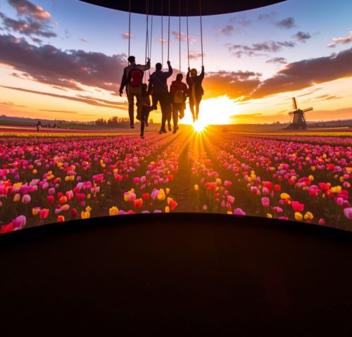 People soaring on a flight simulator over a Dutch tulip field and windmill at sunset.
