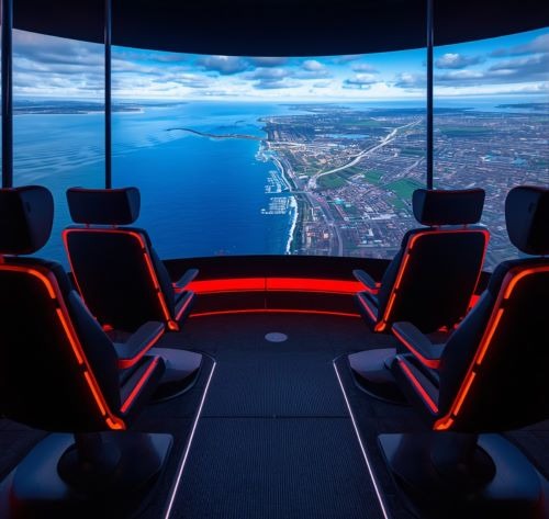 Futuristic observation deck with neon-lit seats overlooking a coastal city skyline.