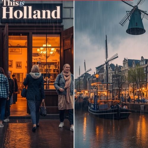 Tourists at This is Holland shop next to an Amsterdam canal with traditional windmills and boats at dusk.