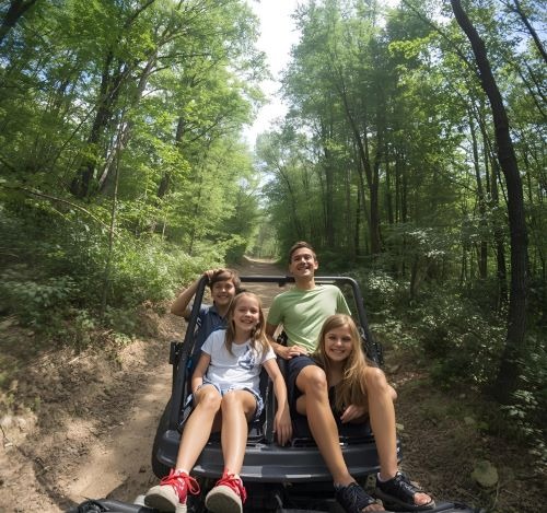 a family of four people riding in a jeep