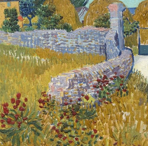 Vincent van Gogh oil painting featuring a stone wall, red flowers, and haystacks in a rural field.
