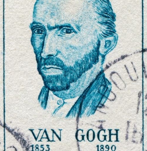 Vintage postage stamp featuring a blue engraved portrait of artist Vincent van Gogh with birth and death years.