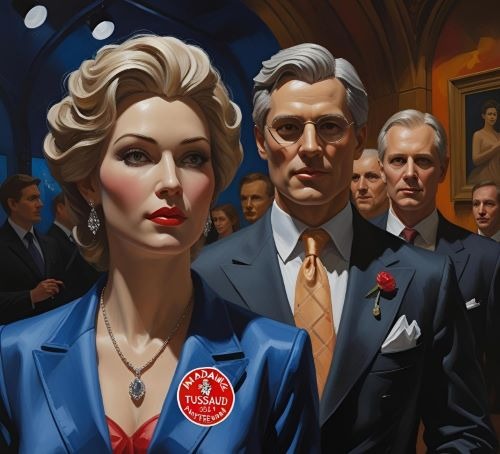 Madame Tussauds wax figures of a blonde woman in blue and a man in a suit at a gala event.