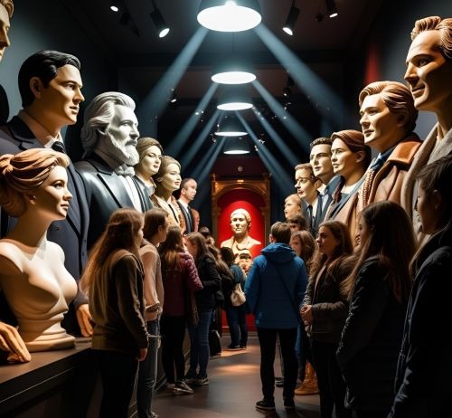 a group of people standing around waxed people