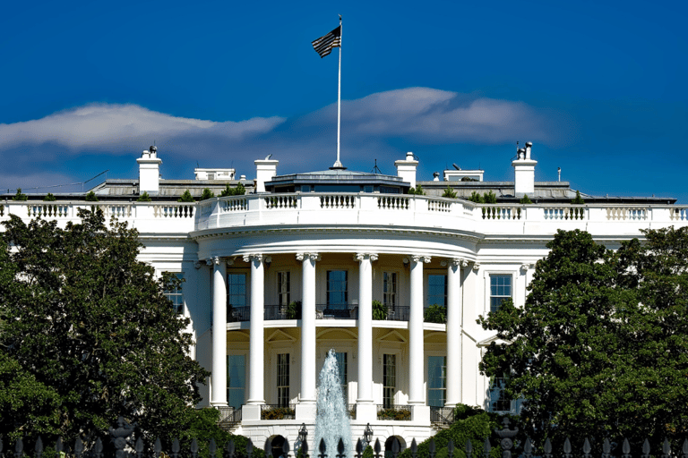 white house - a large white house with a fountain in front of it