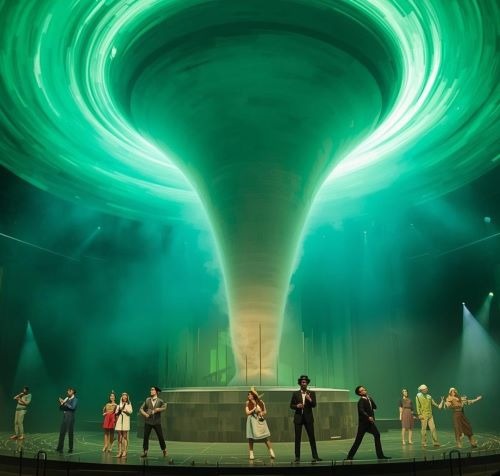 A theatrical stage performance featuring a massive glowing green tornado funnel above a diverse cast of actors.