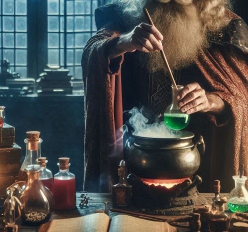 An elderly wizard brewing a glowing green potion in a steaming cauldron within a mystical alchemy laboratory.