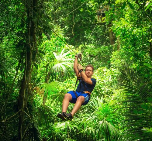 a man on a zipline in the jungle