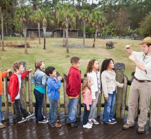 Park ranger teaching a group of children about a rhinoceros at an outdoor zoo exhibit.