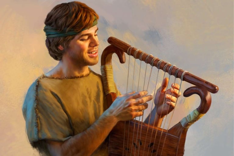 David composing Psalm 23 as a shepherd