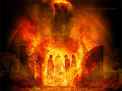 Shadrach Meshach and Abednego in the fire with Jesus