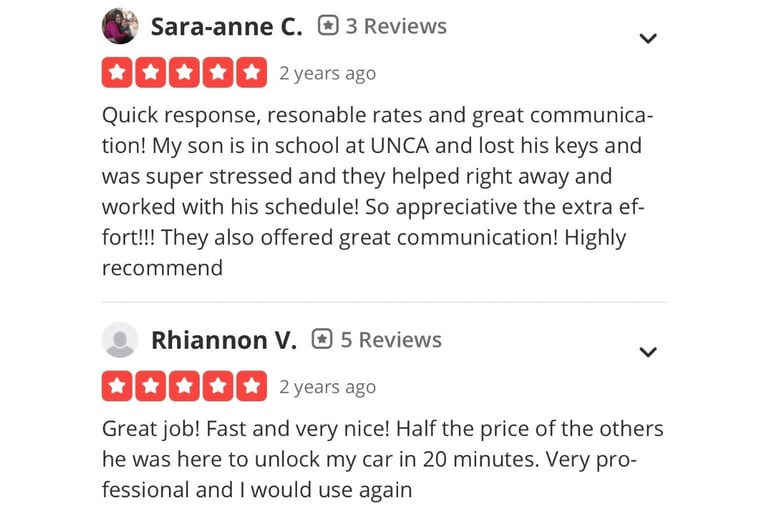 Screenshot of five-star Yelp reviews for Asheville Locksmith Now lockout service in Western NC