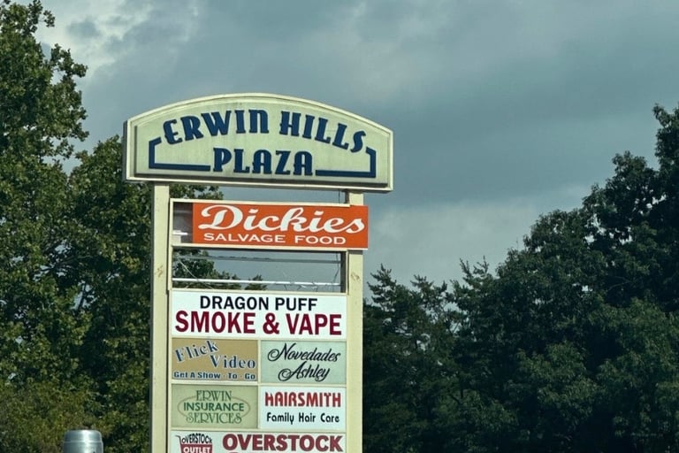 Erwin Hills Plaza sign in Leicester, NC- representing locksmith service area