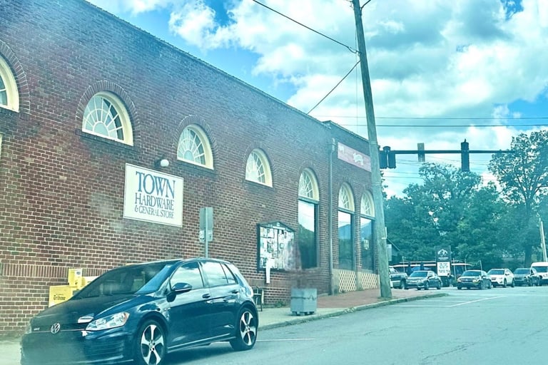 Black Jetta parked beside Town Hardware and General Store in Downtown Black Mountain